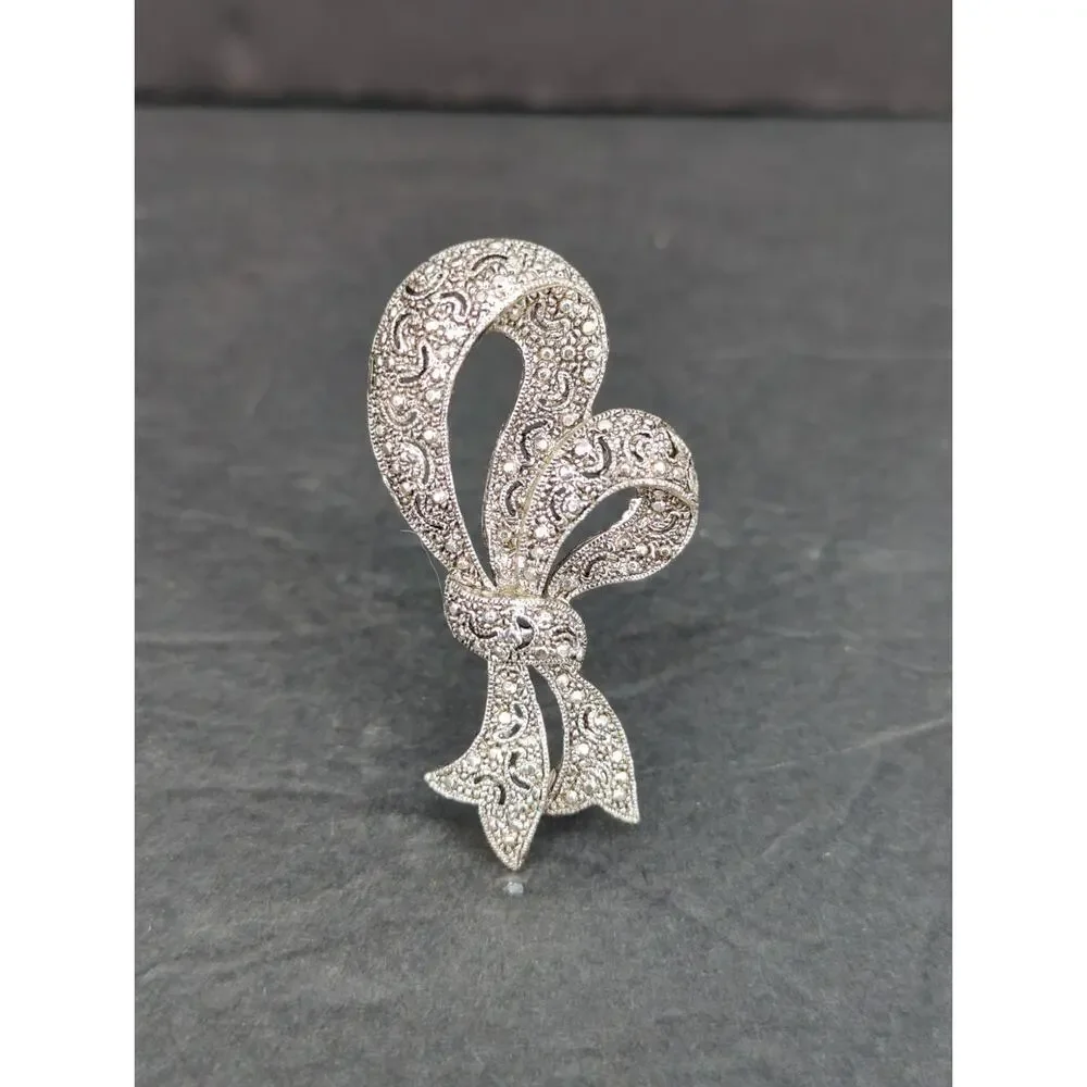 Vintage Marcasite Silver Tone Ribbon Bow Brooch Pin Retro Art Deco Glam